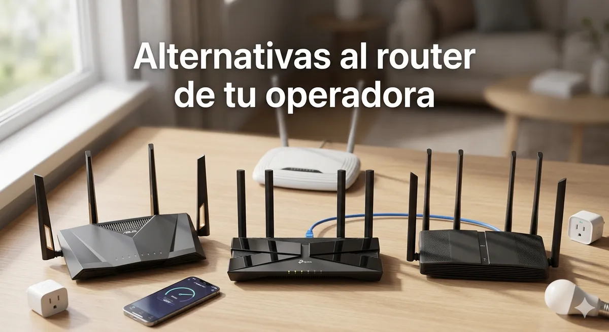 Tres routers Wi-Fi 6 con antenas externas en primer plano sobre un escritorio, con un router genérico de operadora desenfocado al fondo, en un entorno doméstico luminoso.
