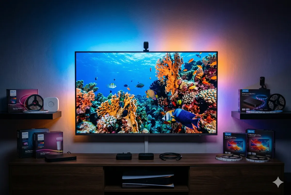 Comparativa de sistemas de iluminación para TV: Philips Ambilight, Philips Hue Play Gradient y Govee con Sync Box o cámara.