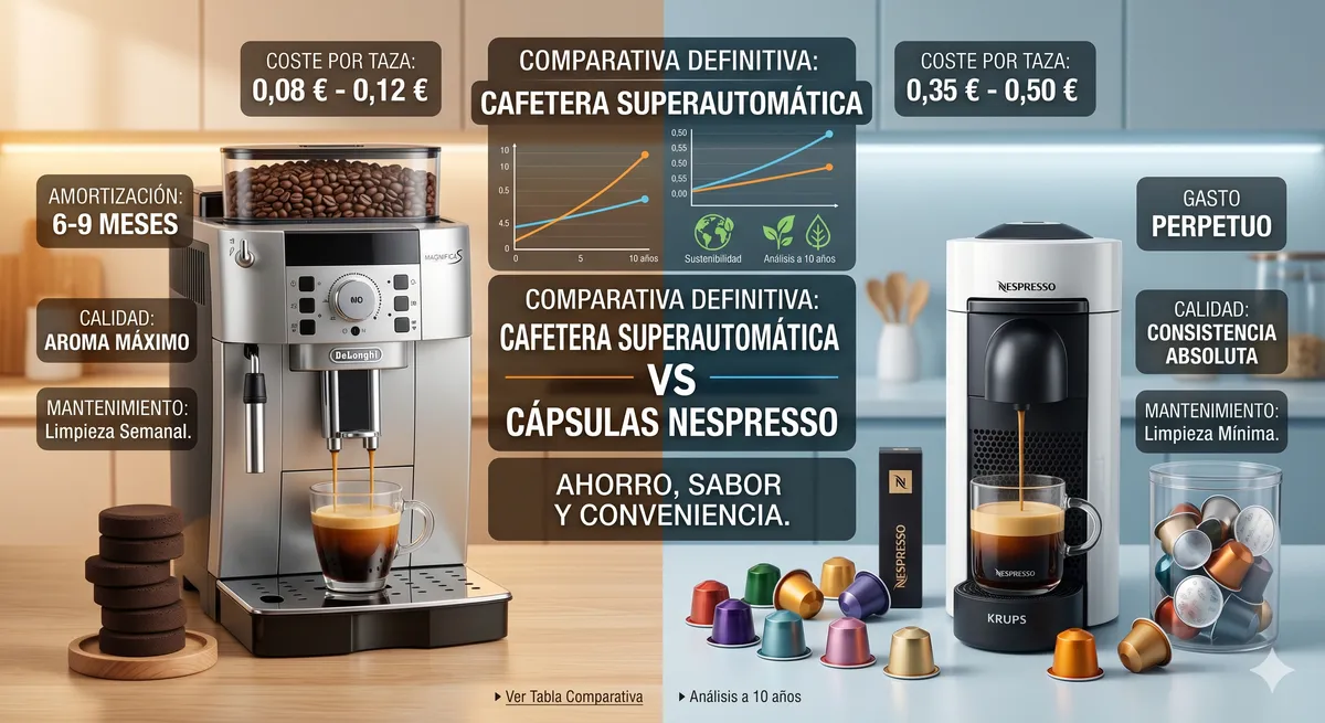 Infografía comparativa entre cafetera superautomática De'Longhi y cafetera de cápsulas Nespresso con coste por taza, amortización y cápsulas sobre la encimera