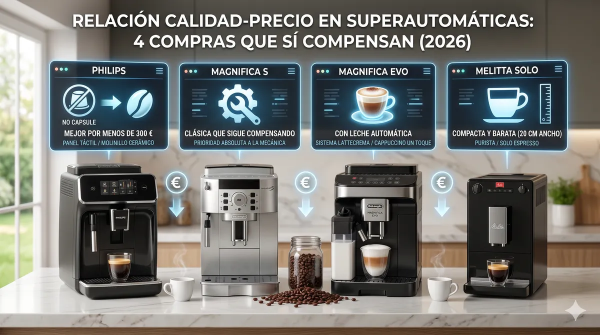 Infografía de relación calidad-precio en cafeteras superautomáticas con Philips Serie 2200, De'Longhi Magnifica S, Magnifica Evo y Melitta Solo sobre una encimera