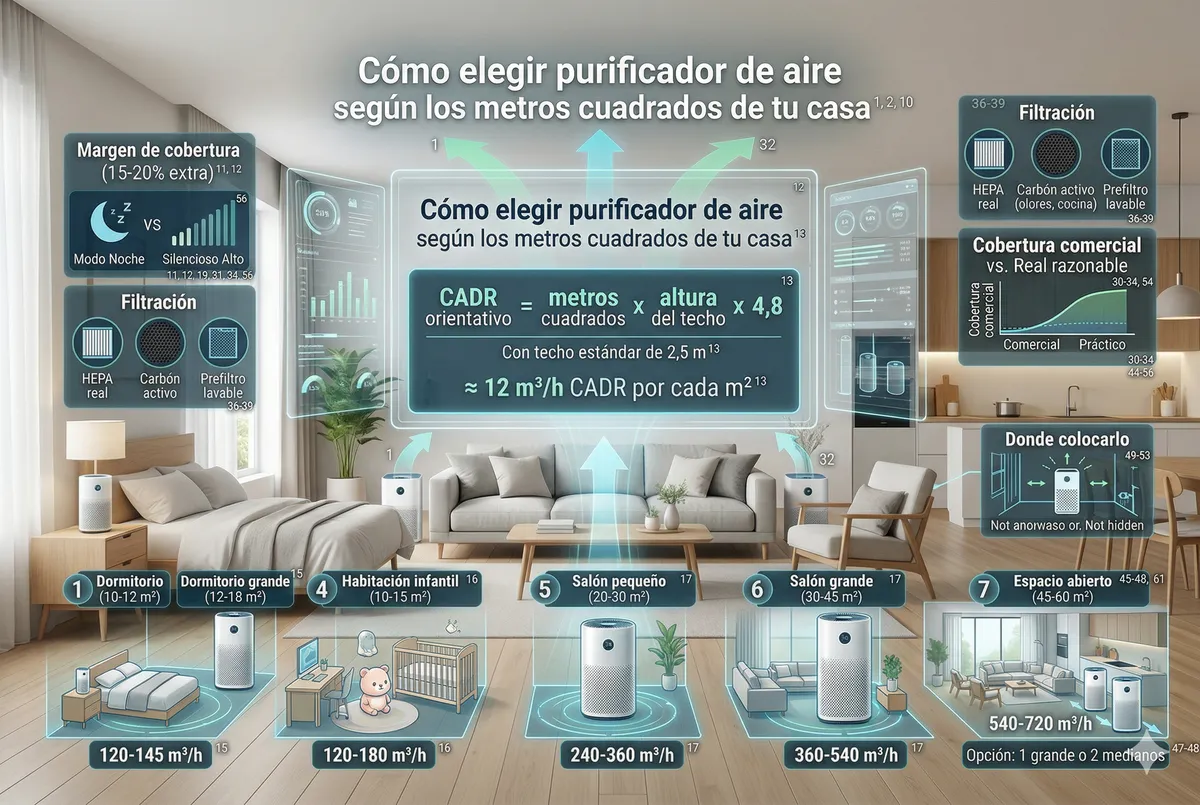 Infografía técnica para elegir purificador de aire según metros cuadrados y cálculo de CADR recomendado para salones y dormitorios.
