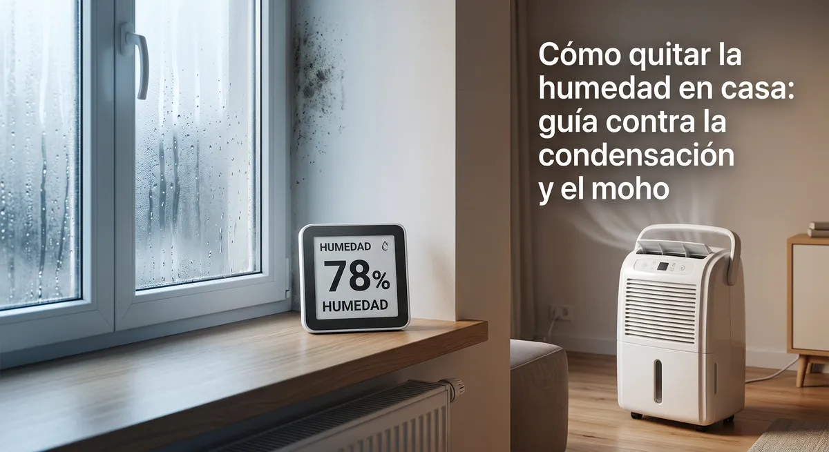 Diagnóstico de la humedad en casa: ventana con condensación y moho en la esquina de la pared junto a un medidor ambiental que marca la humedad relativa y un deshumidificador doméstico como solución.