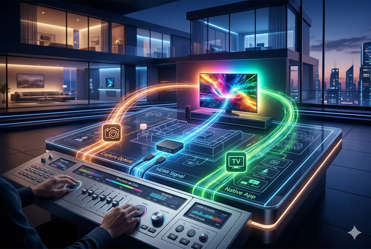 Diagrama con las tres vías de sincronización de luces con TV: captura óptica por cámara, señal HDMI y app nativa en Smart TV.