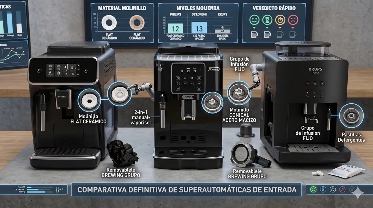 Infografía comparativa de cafeteras superautomáticas Philips, De'Longhi y Krups con detalle de molinillo, grupo de infusión y niveles de molienda
