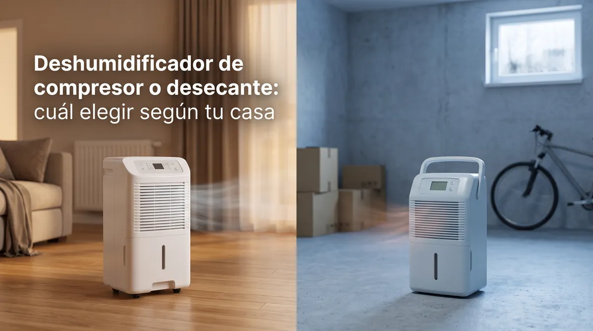 Comparativa de deshumidificadores: un modelo de compresor en un salón templado frente a un modelo desecante en un garaje frío, con la temperatura como elemento diferenciador.