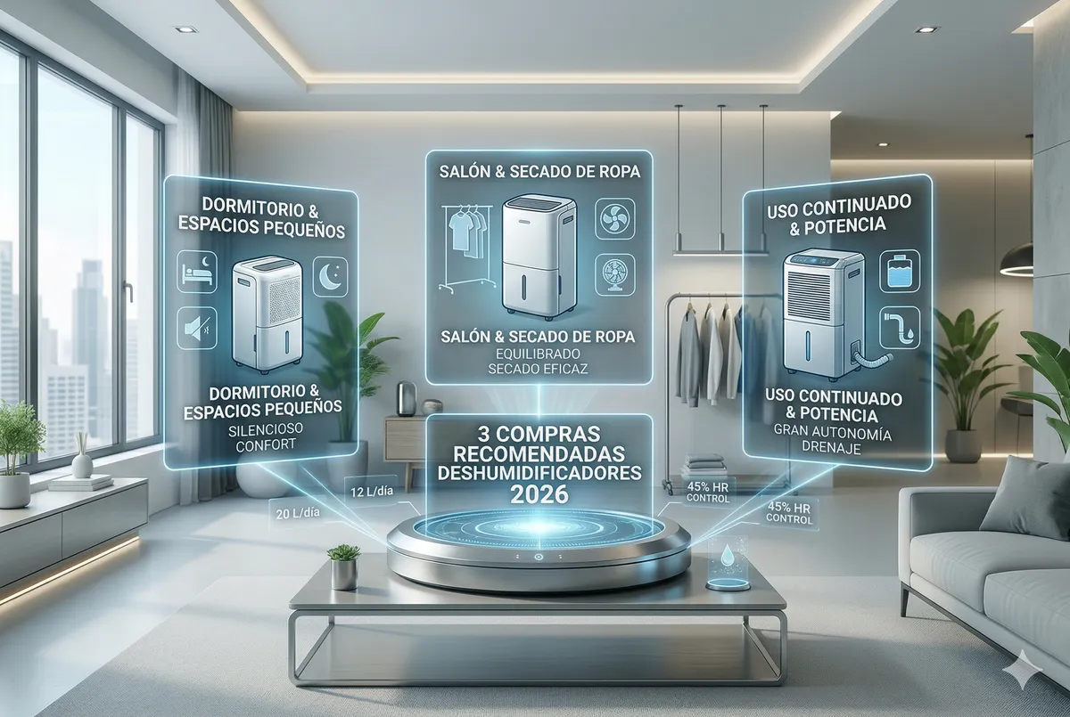 Guía de compra de deshumidificadores 2026: modelos para secado de ropa, uso continuo con drenaje y equipos silenciosos para dormitorio.