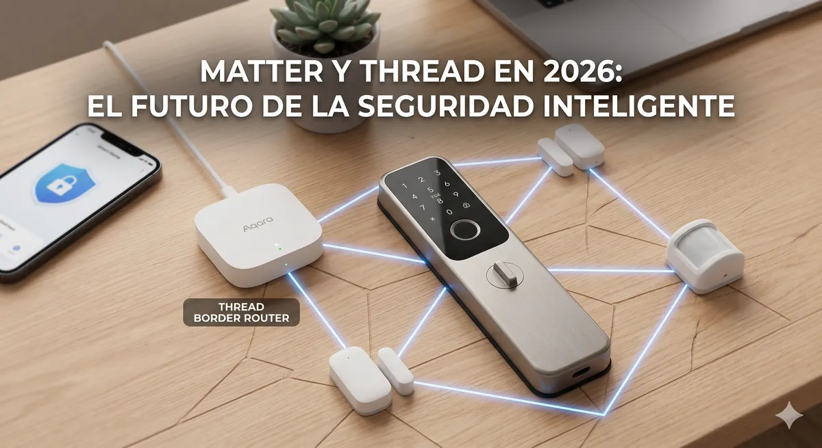 Hub Aqara como Thread Border Router conectado mediante red de luz azul a cerradura con teclado, sensores de contacto y sensor de movimiento, con móvil mostrando app de seguridad.