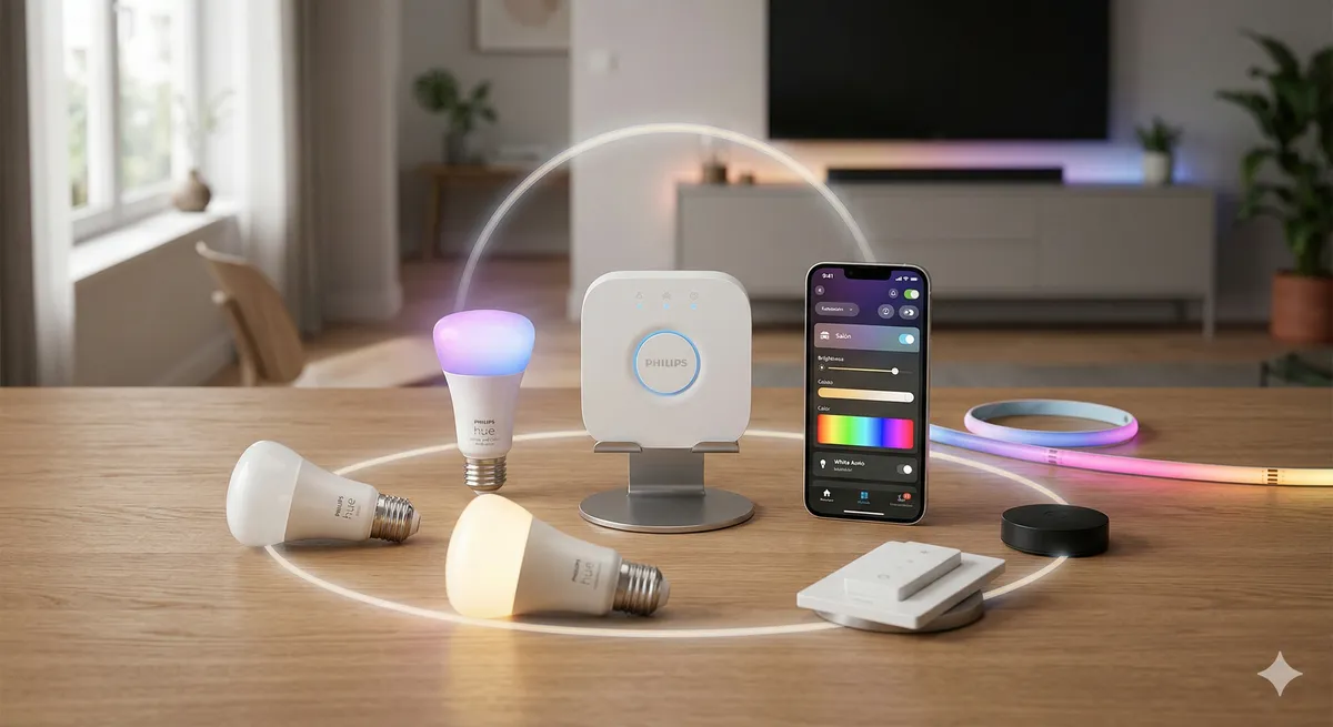 Guía Philips Hue 2026: Bridge, bombillas de colores, tira LED, app de control y accesorios sobre una mesa de salón.