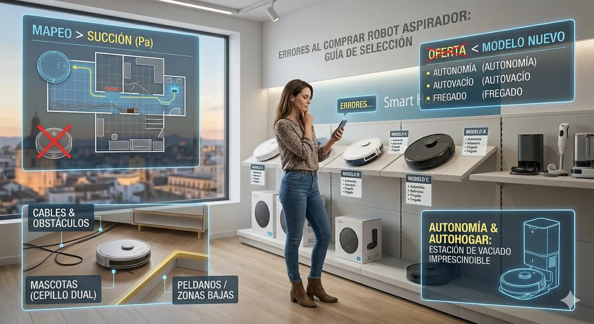 Consejos para comprar un robot aspirador: importancia del mapeo láser, potencia de succión, cepillos para mascotas y estación de autovaciado.