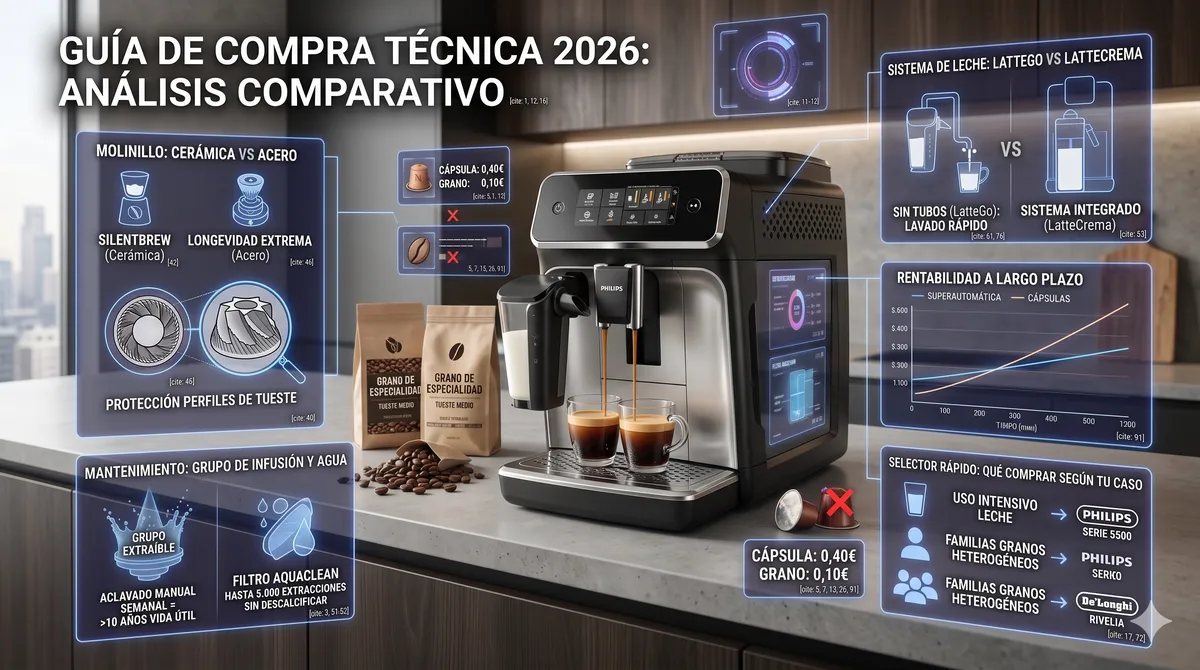 Infografía de guía de compra de cafetera superautomática Philips con dos espressos y comparativas de molinillo, sistema de leche y rentabilidad