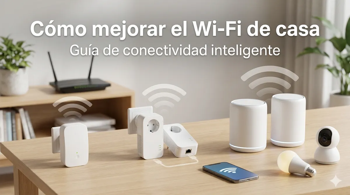 Tres soluciones de conectividad Wi-Fi (repetidor, PLC y sistema Mesh) dispuestas sobre una superficie de madera en un salón moderno, con un router al fondo y dispositivos domóticos alrededor.