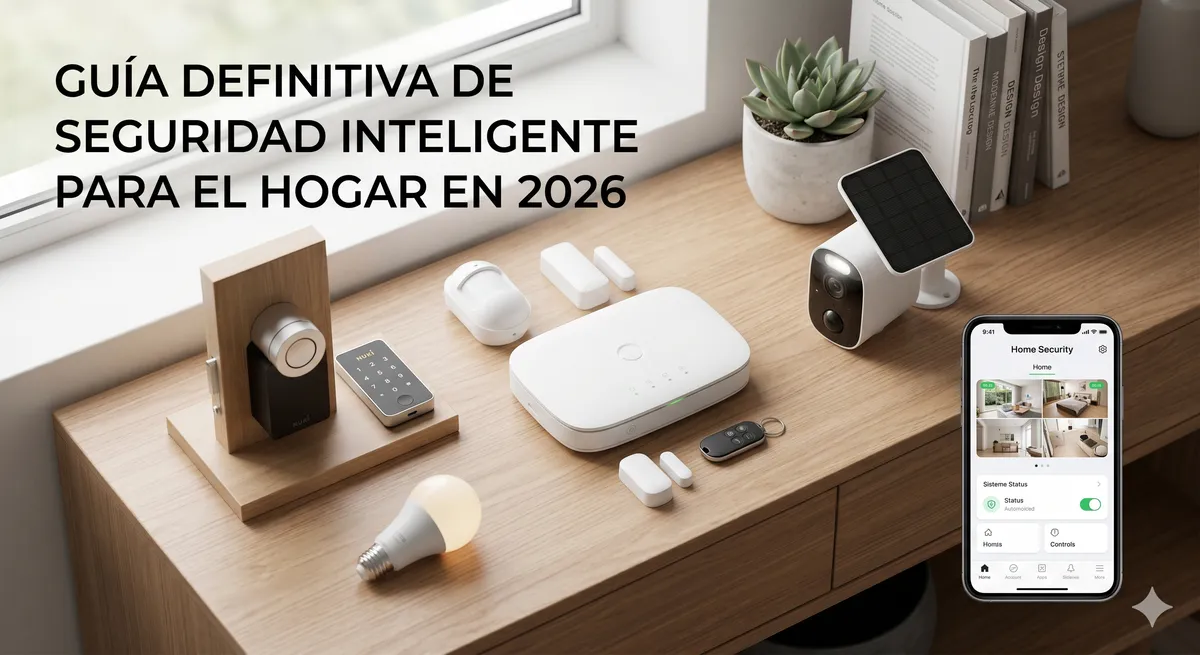 Guía de seguridad inteligente para el hogar en 2026: combinación de cámaras, alarma sin cuotas, cerradura retrofit y disuasión lumínica.