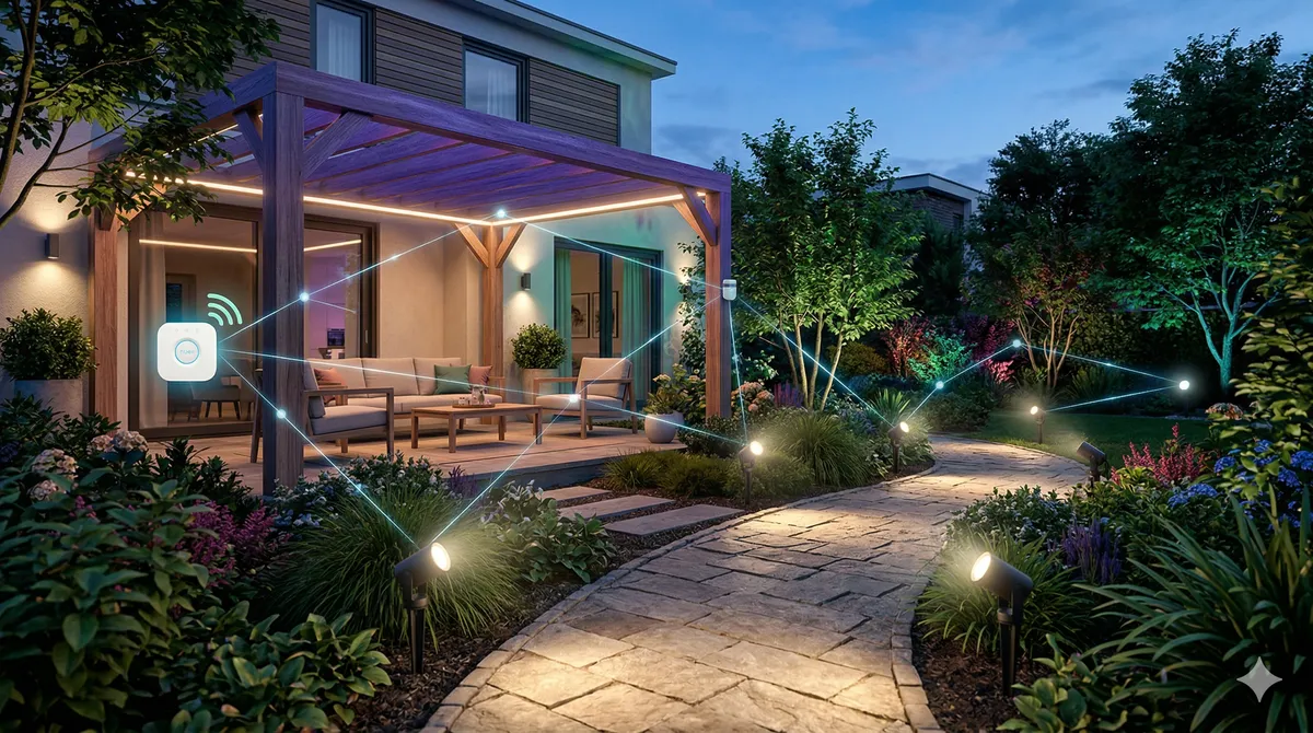 Iluminación exterior inteligente Philips Hue: focos Lily en camino de jardín, tira LED en pérgola y red Zigbee mesh entre dispositivos.