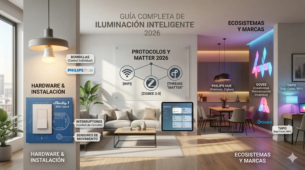 Guía completa de iluminación inteligente 2026: ecosistemas Philips Hue, Govee y Tapo con protocolos Zigbee, WiFi y Thread Matter.