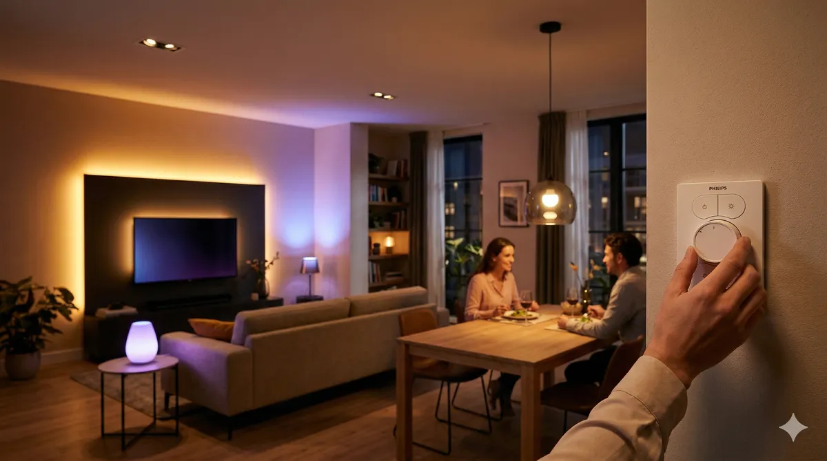 Cómo iluminar un salón con Philips Hue: tira LED tras el mueble de TV, lámpara Iris y mando Tap Dial Switch en pared.