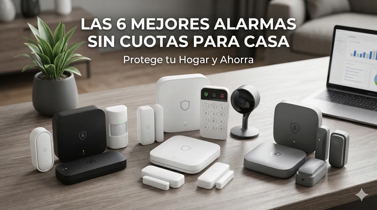 Componentes de un sistema de alarma sin cuotas: central, teclado, sensor de movimiento, sensor de contacto, cámara interior y sirena, sobre una mesa para comparativa 2026.