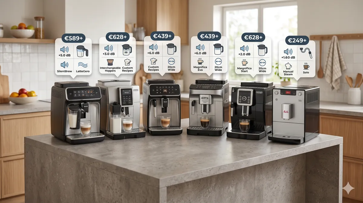 Ranking visual de cafeteras superautomáticas con Philips Serie 5500, De'Longhi Rivelia, Magnifica Evo, Magnifica Start y Melitta Solo con precios y funciones destacadas
