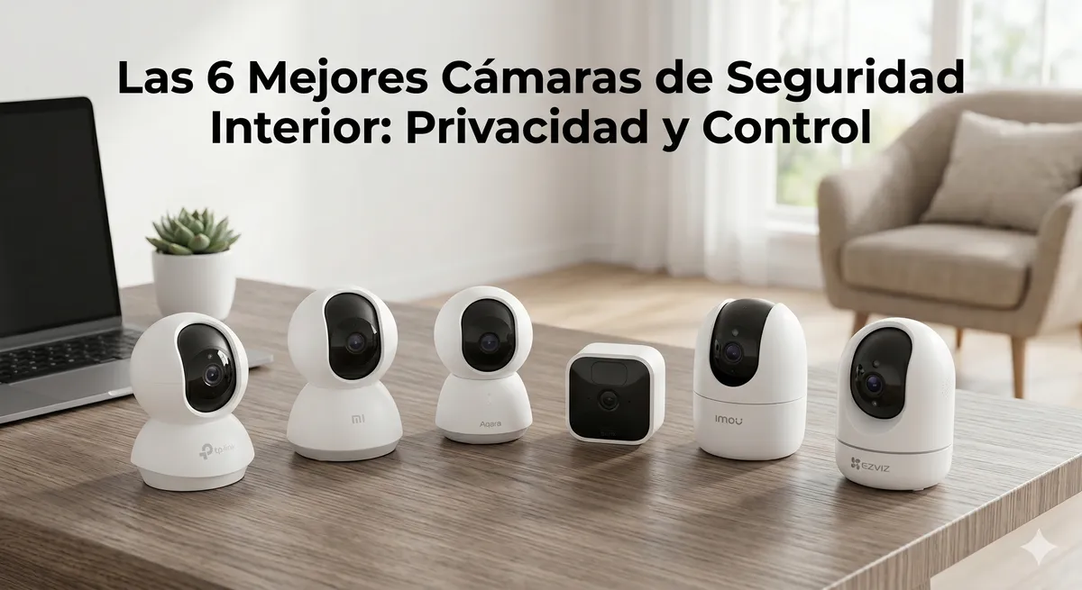 Seis cámaras de seguridad interior de TP-Link, Xiaomi, Aqara, Imou y EZVIZ alineadas sobre un escritorio en un salón para comparativa 2026.