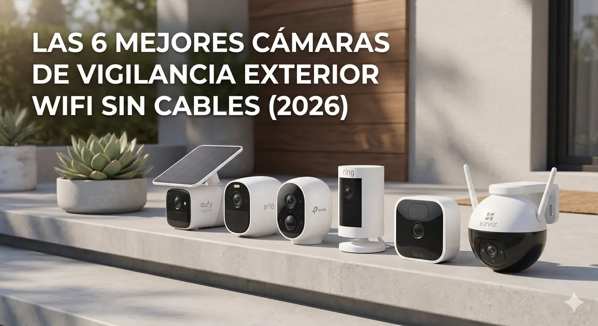 Seis cámaras de vigilancia exterior Wi-Fi sin cables de Eufy, Arlo, TP-Link, Ring, Blink y EZVIZ alineadas sobre una terraza para comparativa 2026.