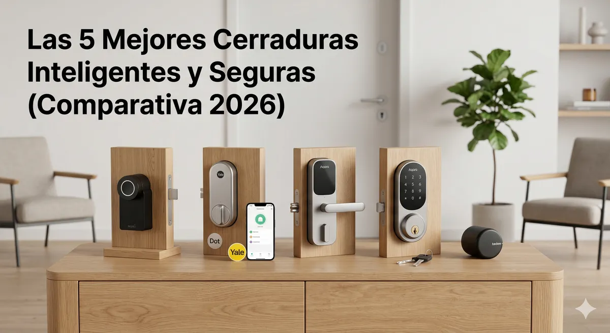 Cinco cerraduras inteligentes retrofit europeas montadas en soportes de madera, con llave NFC y móvil con app, para comparativa 2026.