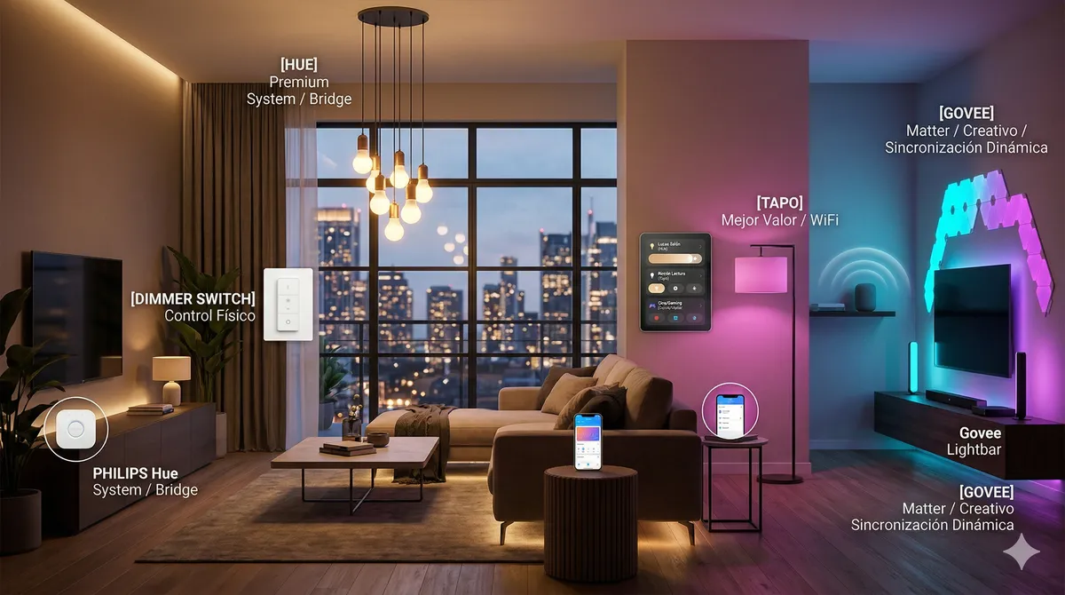 Comparativa de mejores kits de luces inteligentes: sistemas premium Philips Hue, paneles creativos Govee y opciones económicas Tapo.
