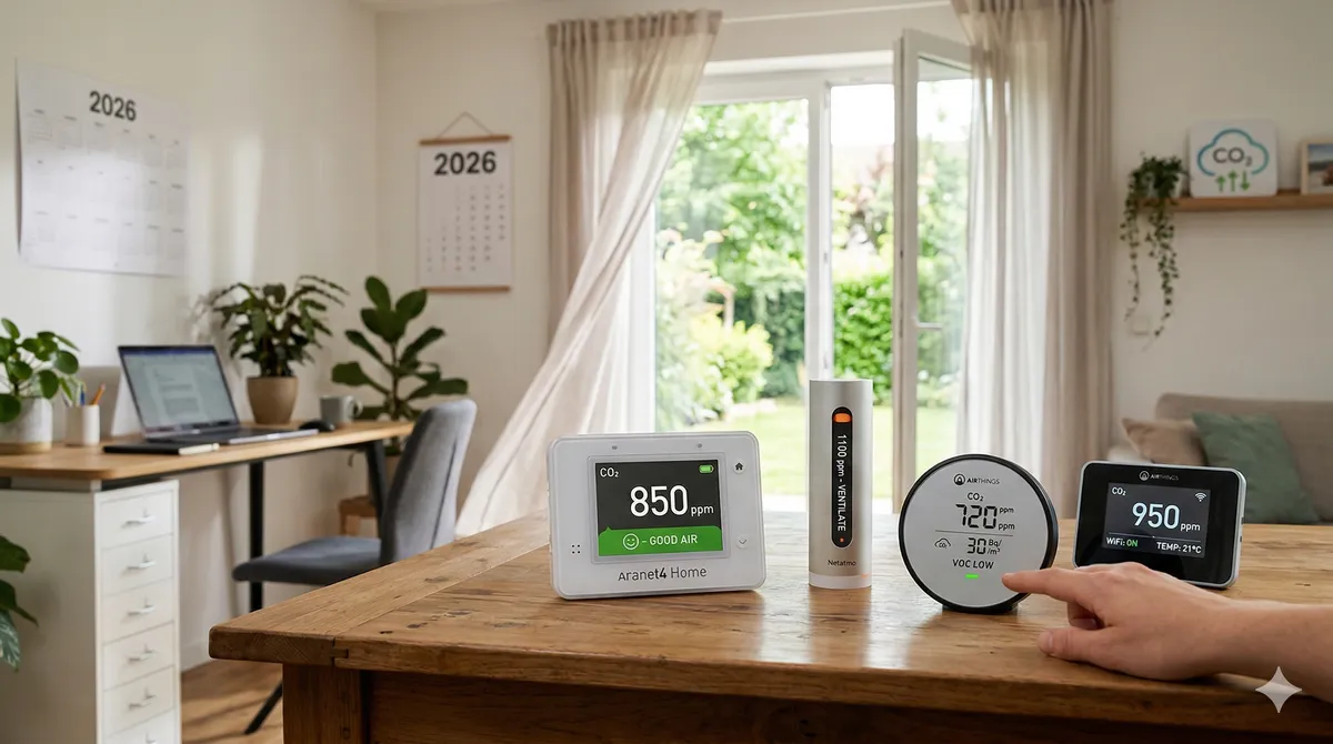 Comparativa de los mejores medidores de CO2 y calidad del aire 2026: modelos Aranet4 Home, Netatmo y Airthings para interiores.
