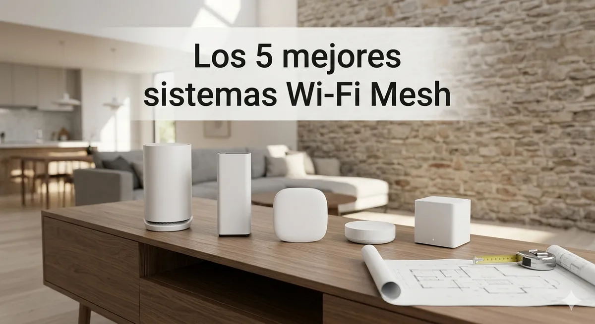 Cinco sistemas Wi-Fi Mesh de distintos tamaños dispuestos en fila sobre una consola de madera, con una pared de piedra gruesa al fondo sugiriendo una vivienda grande.