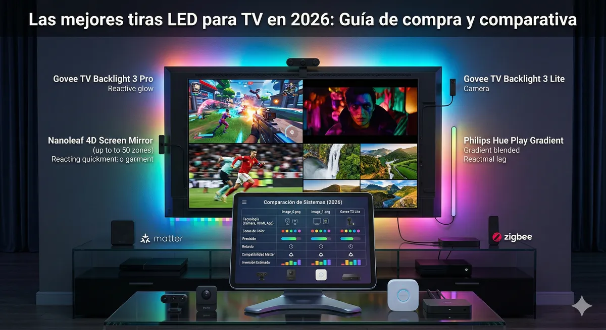 Comparativa de las mejores tiras LED para TV: Govee, Nanoleaf y Philips Hue iluminando la parte trasera de un televisor.