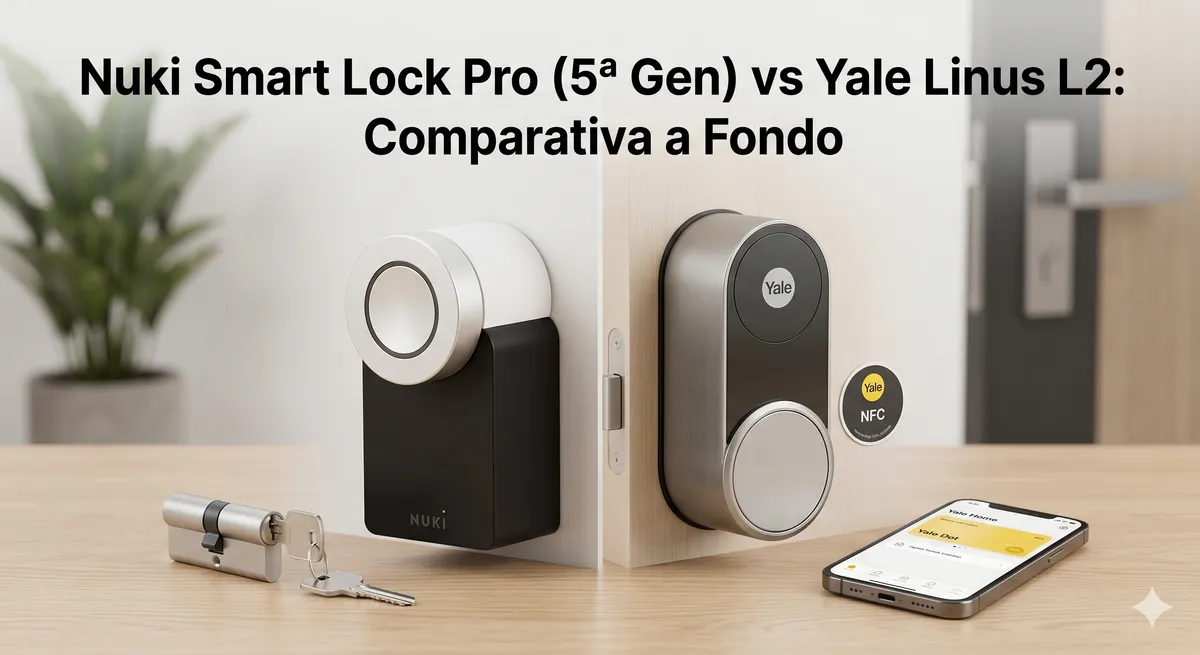 Cerraduras inteligentes Nuki Smart Lock Pro de 5ª generación y Yale Linus Smart Lock L2 enfrentadas en una comparativa técnica 2026.