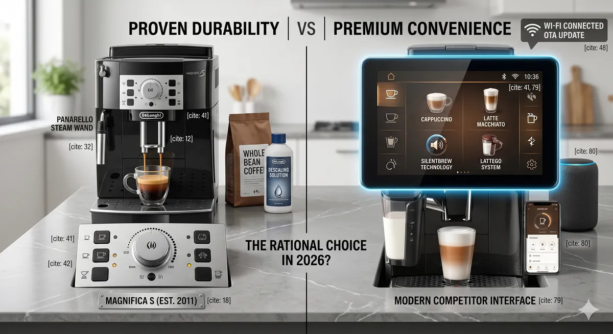 Comparativa visual entre De'Longhi Magnifica S clásica y una cafetera superautomática moderna con pantalla táctil, sistema de leche y espresso en taza