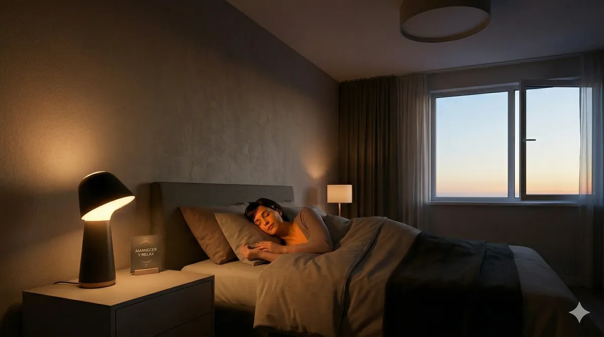 Simulación de amanecer con Philips Hue Twilight: dormitorio con lámpara encendida en la mesita y luz del alba en la ventana.
