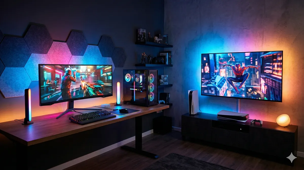 Setup gaming iluminado con Philips Hue: escritorio PC con barras Play y zona consola con tira Gradient en TV.