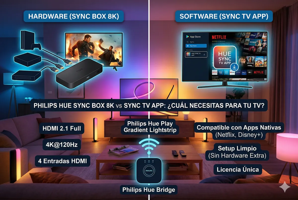 Comparativa entre el Philips Hue Sync Box 8K y la Hue Sync TV App para sincronizar luces con el televisor.