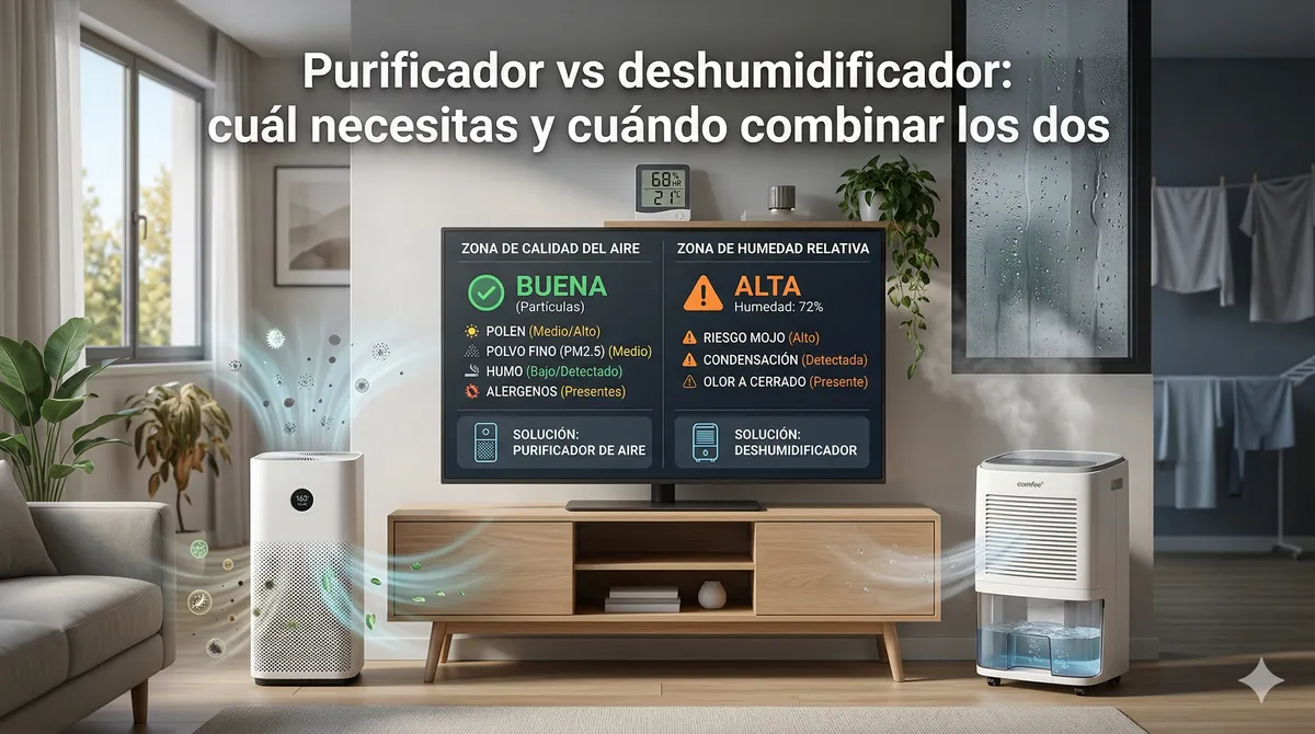 Infografía comparativa: diferencias entre purificador de aire para alérgenos y deshumidificador para problemas de humedad, moho y condensación.