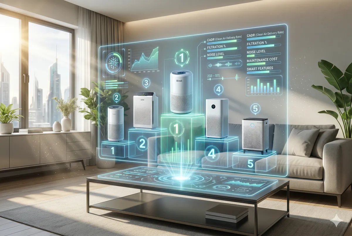 Ranking de los mejores purificadores de aire de 2026 con comparativa de CADR, niveles de ruido y eficiencia de filtración HEPA.