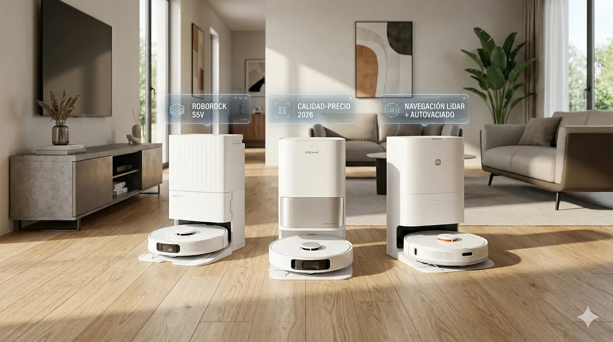 parativa de robots aspiradores 2026 calidad-precio: modelos Roborock S5V, Dreame y Xiaomi con estaciones de autovaciado y navegación LiDAR.