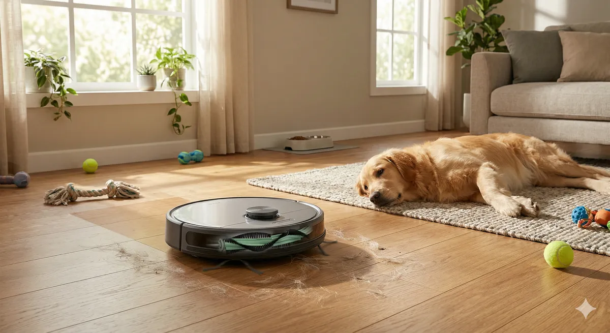 Robot aspirador para mascotas con cepillo anti-enredos limpiando pelos de perro junto a un Golden Retriever en el salón.