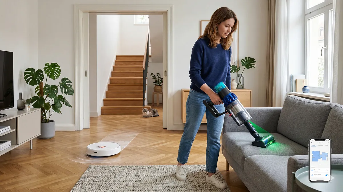 Comparativa de limpieza: robot aspirador inteligente con mapeo frente a aspiradora escoba sin cable para sofás y zonas difíciles.