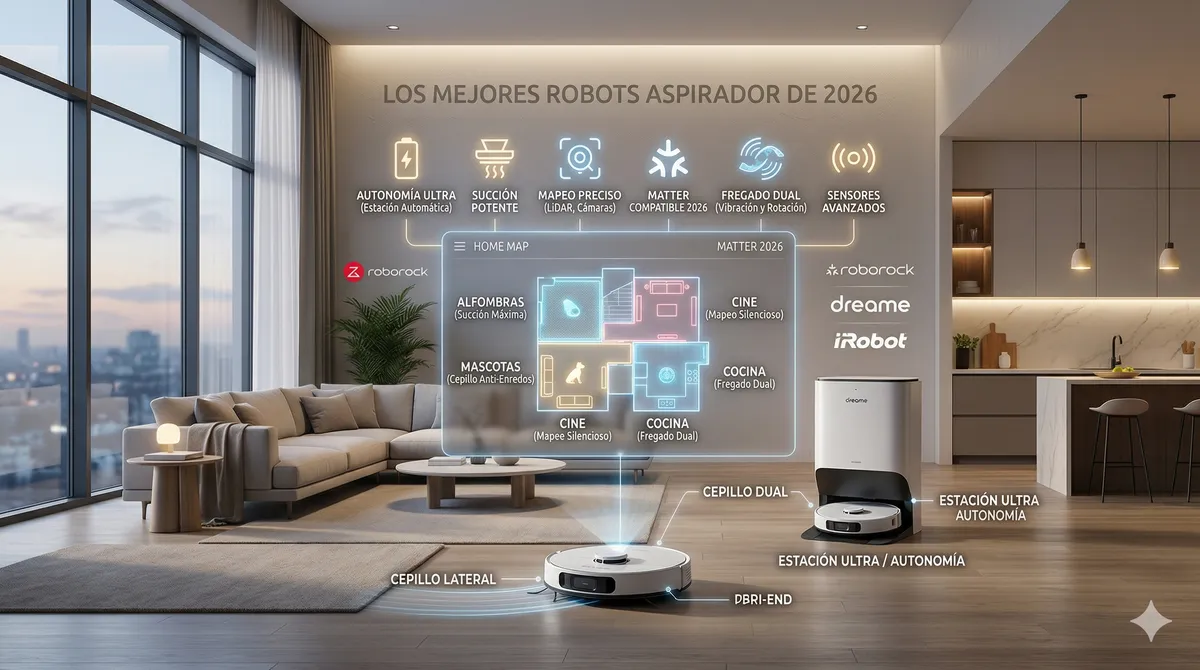Guía de compra de mejores robots aspirador 2026: funciones de fregado dual, compatibilidad con Matter y autonomía ultra de Roborock, Dreame e iRobot.