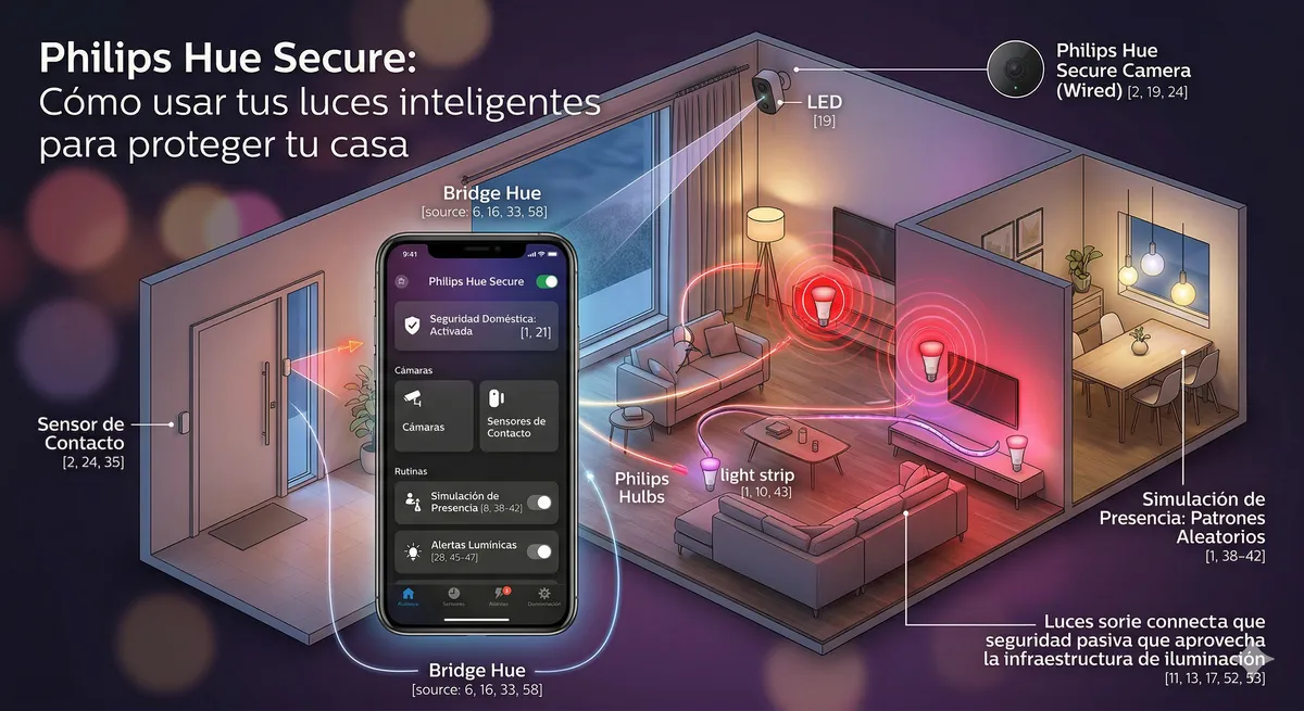 Philips Hue Secure en acción: cámara, sensores de contacto, app con alertas y simulación de presencia con luces inteligentes.
